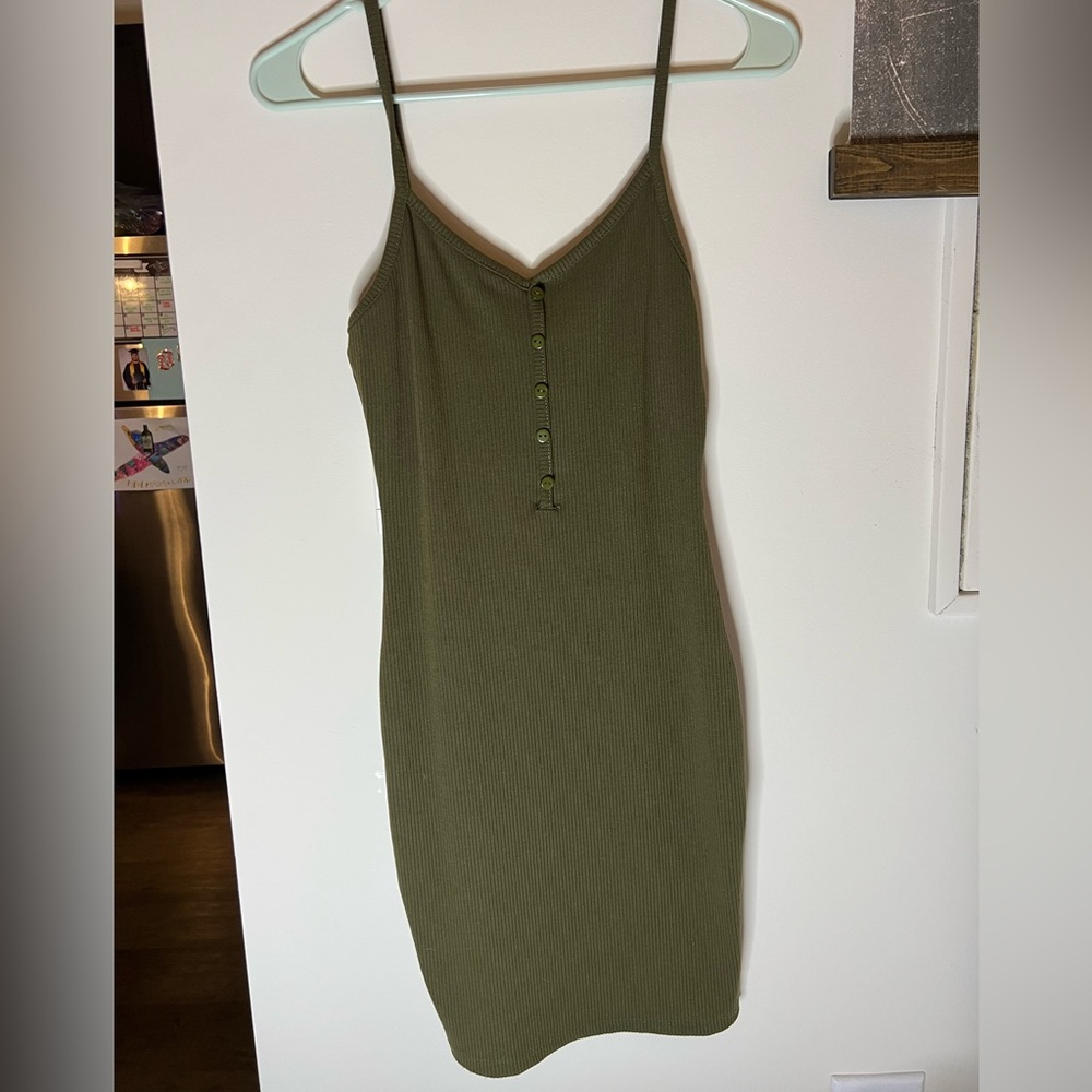 Olive Green Ribbed Button-Front Slip Dress